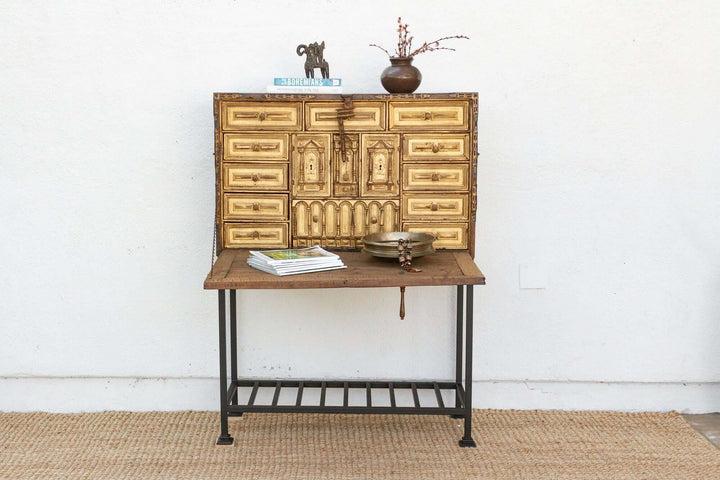 18th Century Spanish Antique Walnut Vargueño on Stand showcasing intricate Baroque craftsmanship from Sevilla.