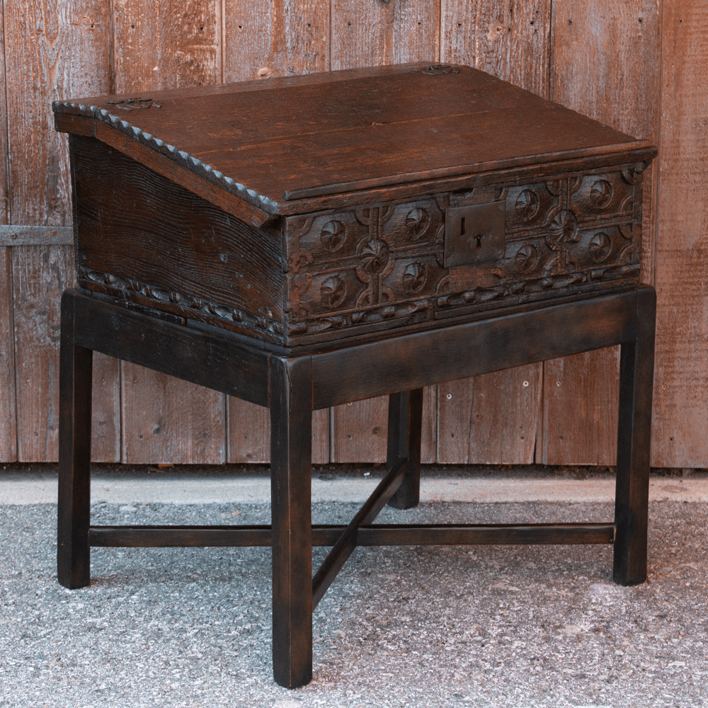 Antique 18th Century English Oak Writing Box on Stand with intricate carvings reflecting Georgian craftsmanship and cottage elegance.