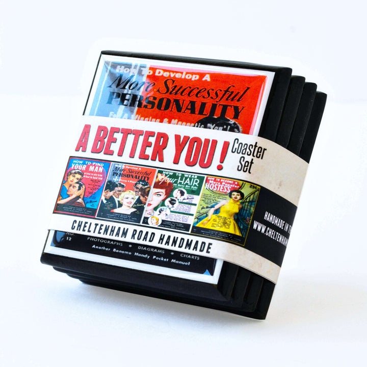 Set of coasters with vintage-style magazine cover designs on a white background