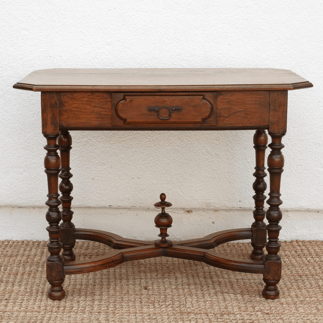 19th Century French Walnut Antique Writing Table with ornate legs and single drawer