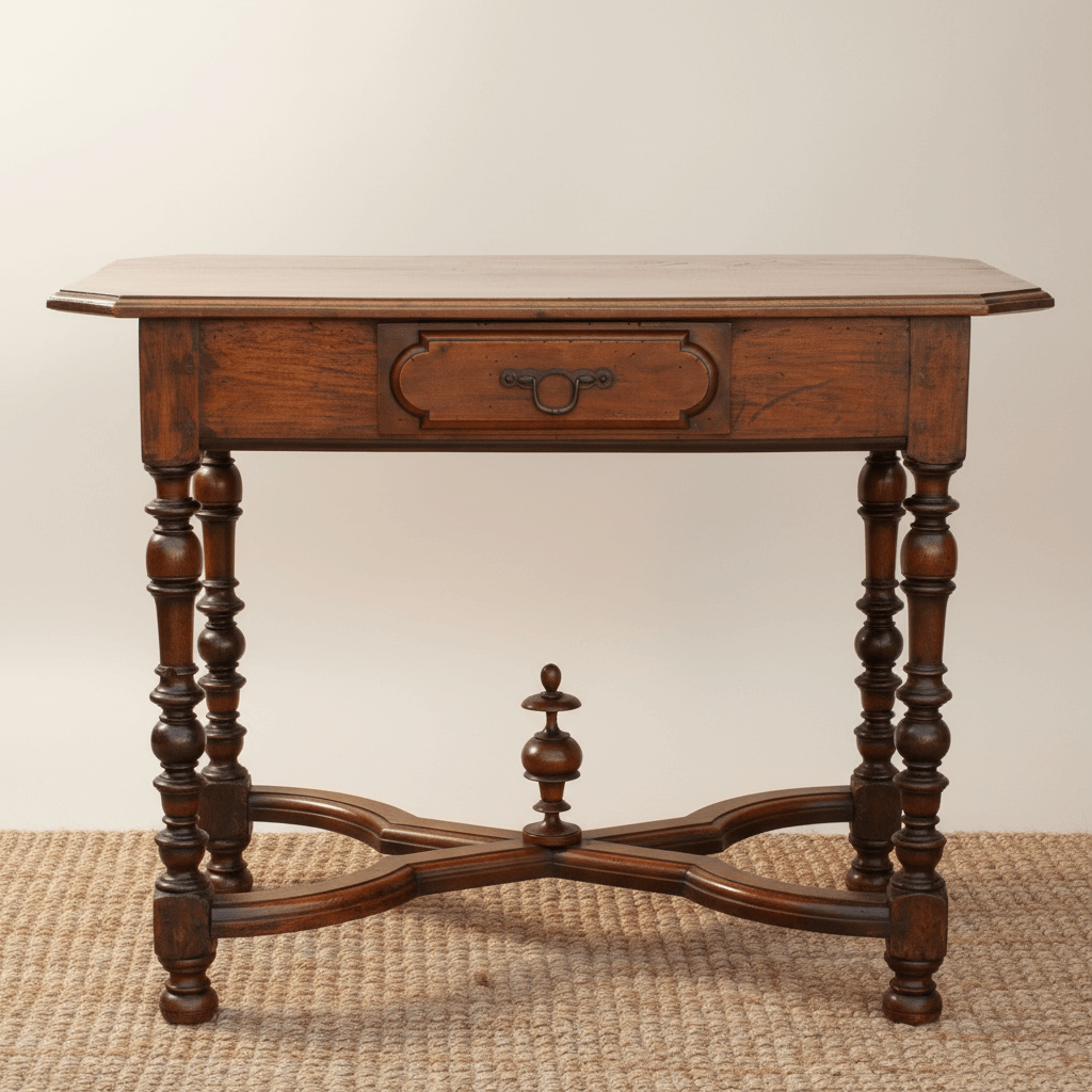 19th Century French Walnut Antique Writing Table with intricate craftsmanship and decorative legs on woven rug.