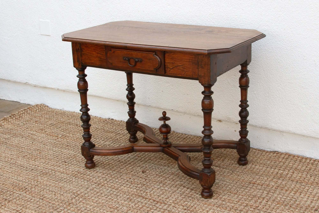 19th Century French Walnut Antique Writing Table with intricate details and elegance, crafted for sophistication in provincial France.