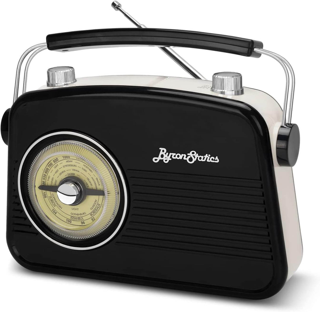 Black portable radio with a vintage design on a white background
