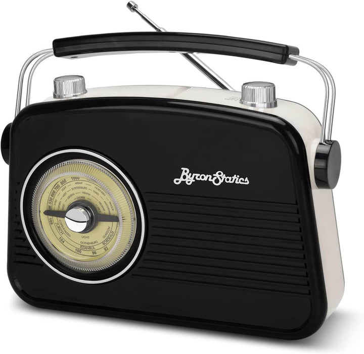 Black portable radio with a vintage design on a white background