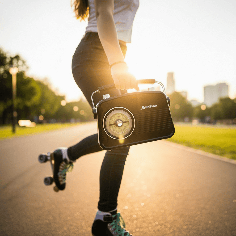 Girl holding a vintage radio while roller-skating with a cityscape in the background