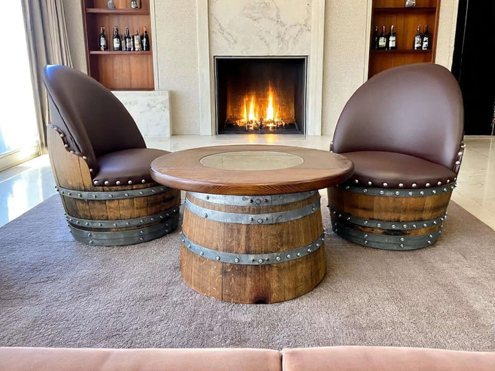 Reclaimed Wine Barrel Coffee Table Set with Two Chairs