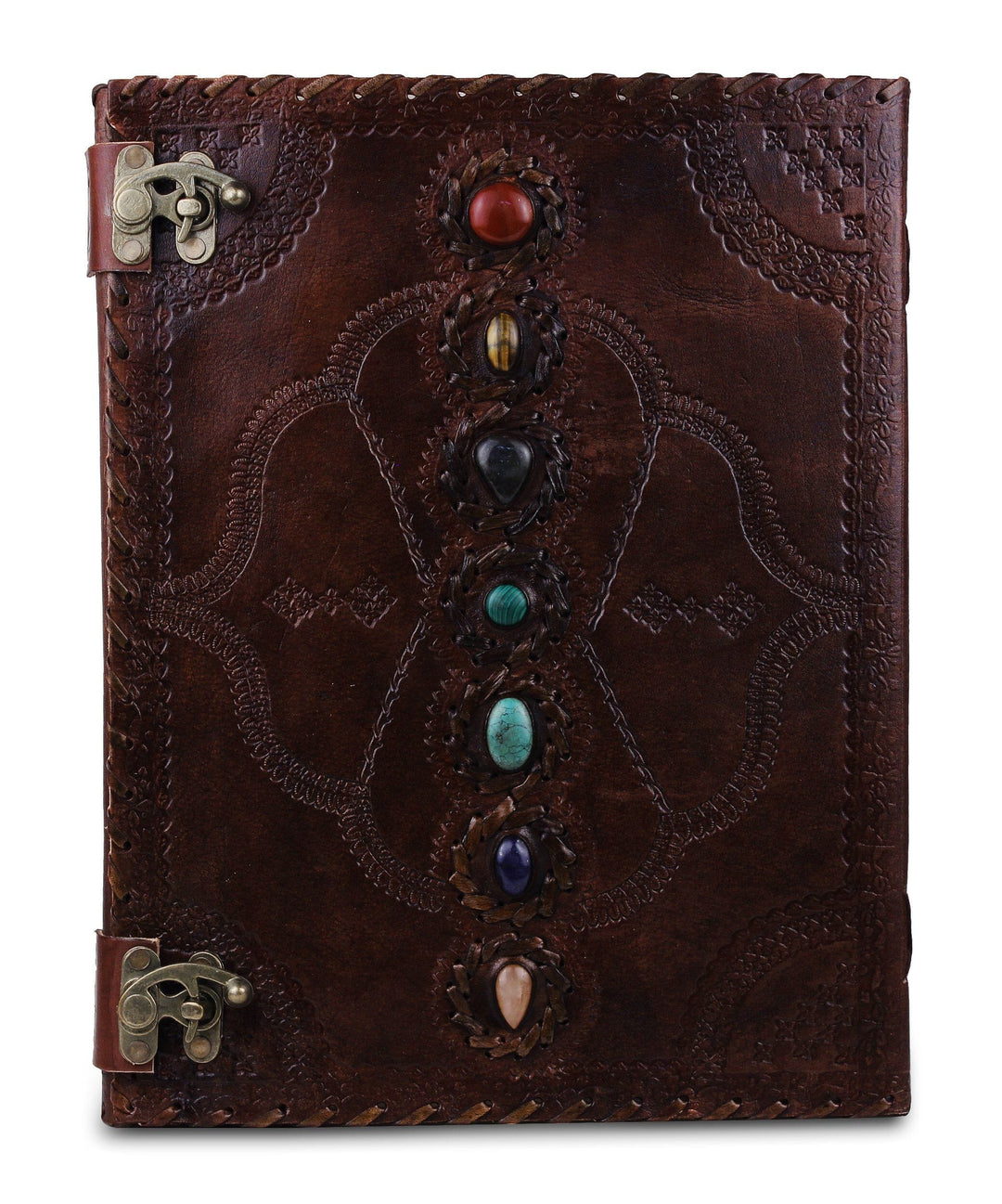 Stone-Adorned Embossed Leather Journal