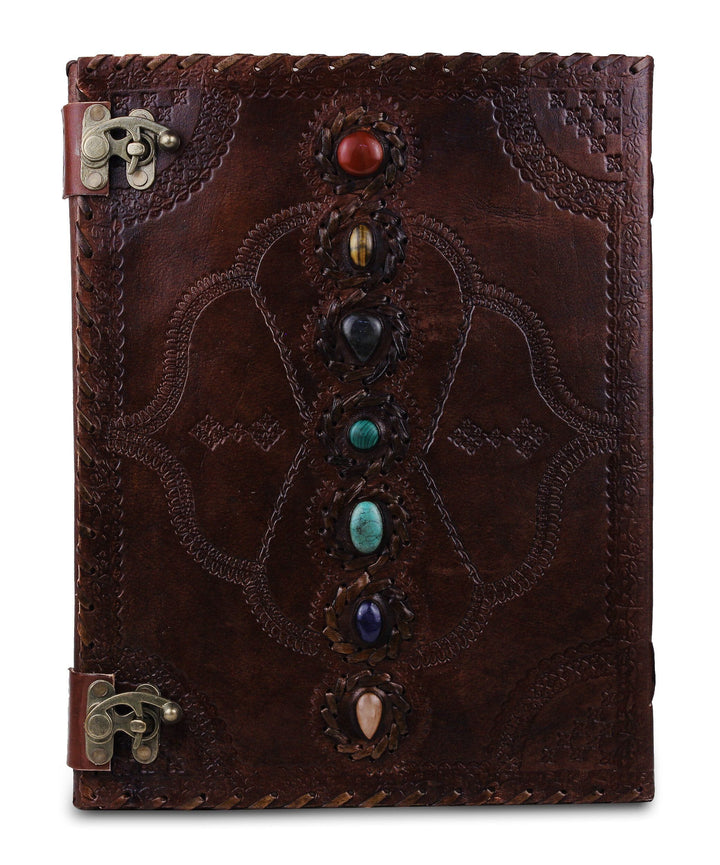 Stone-Adorned Embossed Leather Journal