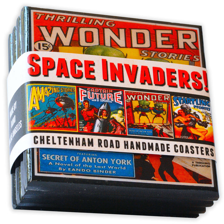 Coaster set with retro comic book design featuring 'Space Invaders' and 'Wonder Stories'.