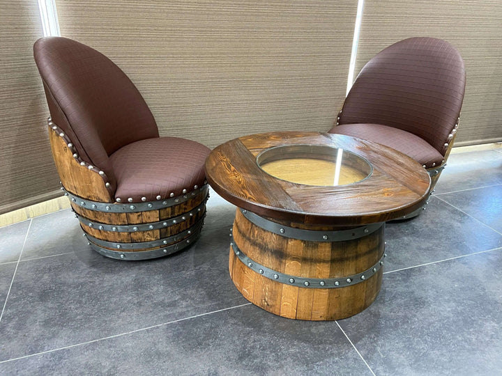 Reclaimed Wine Barrel Coffee Table Set with Two Chairs