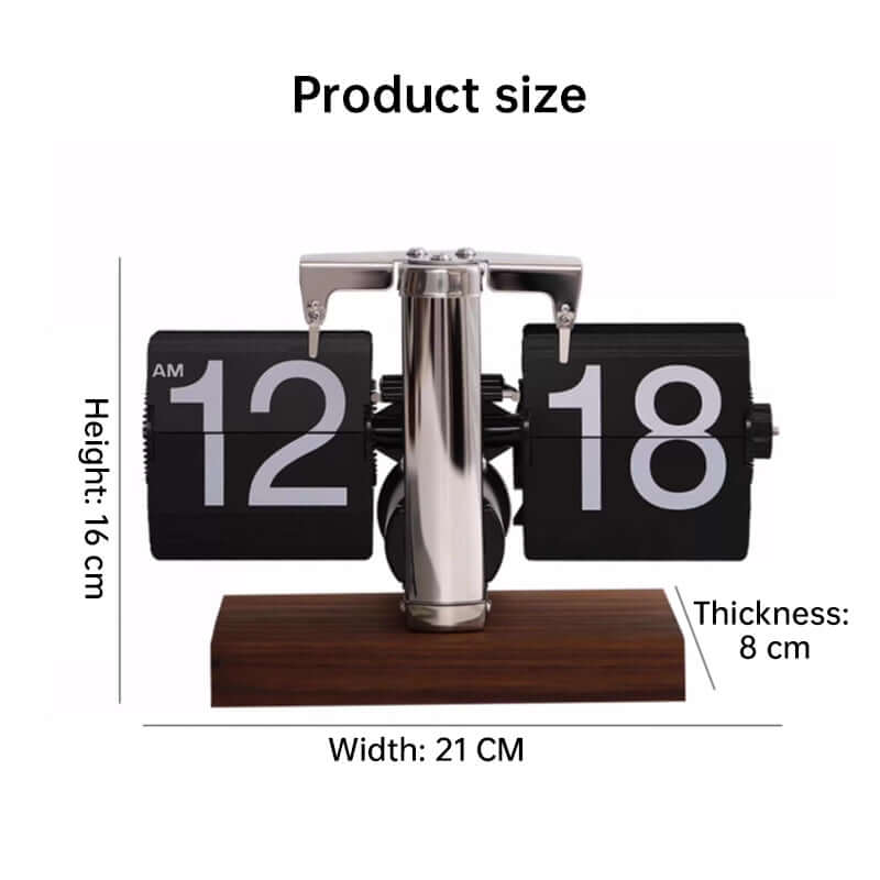Flip clock with measurements on a white background