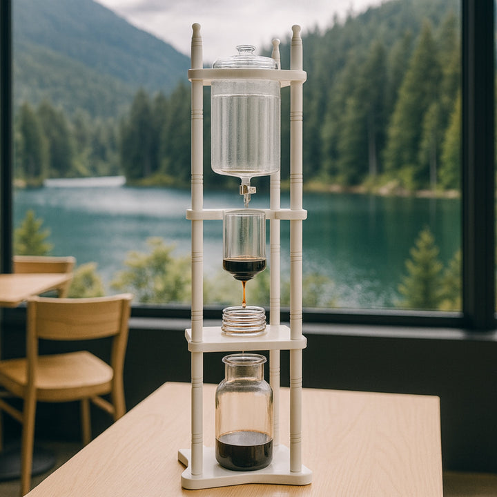 Nispira Cold Brew Coffee Maker Drip Tower – Adjustable Iced Coffee System, 25-Cup Capacity, Glass Brewer with Wooden Stand