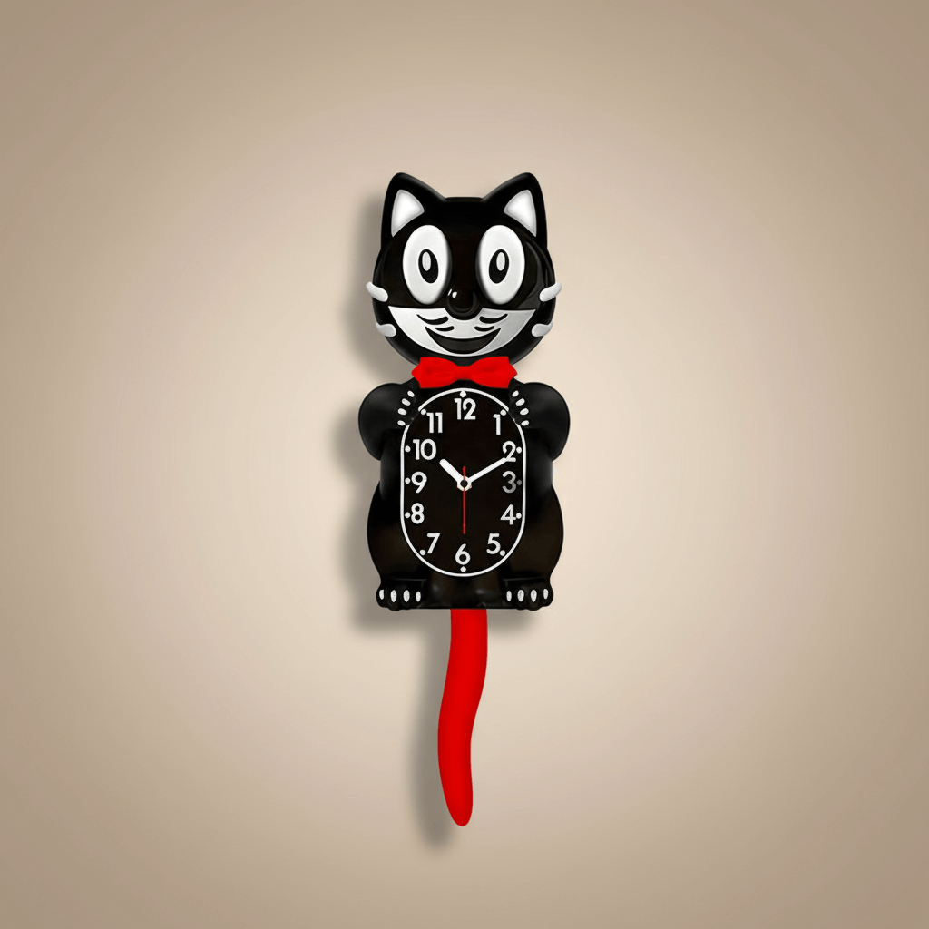 Cat-shaped wall clock with a red tail on a beige background