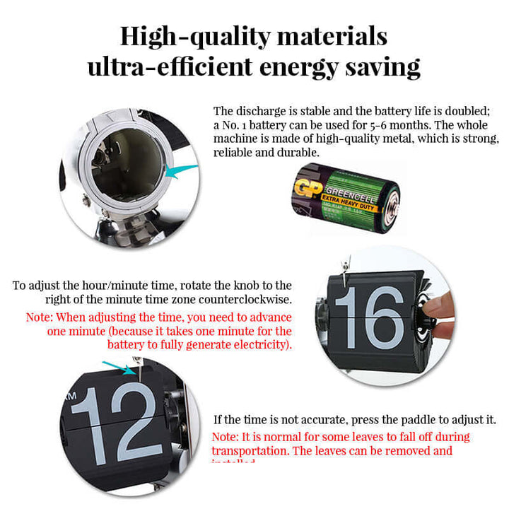 Product advertisement with high-quality materials and energy-saving features, featuring a battery and clock mechanism.