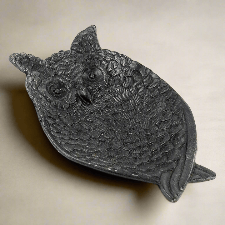 Vintage style Black Pewter Owl Trinket Tray with detailed feathers, matte finish, perfect for holding small treasures.