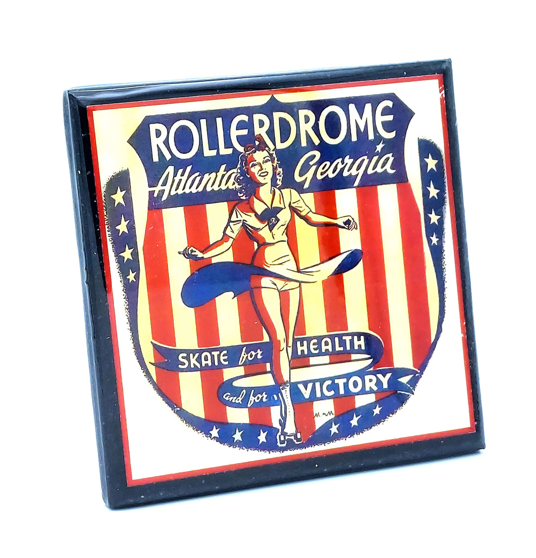 Vintage-style poster for Rollerdrome Atlanta, Georgia with a woman in a swimsuit and patriotic design.
