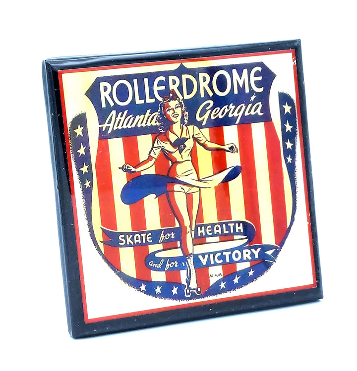 Vintage-style poster for Rollerdrome Atlanta, Georgia with a woman in a swimsuit and patriotic design.