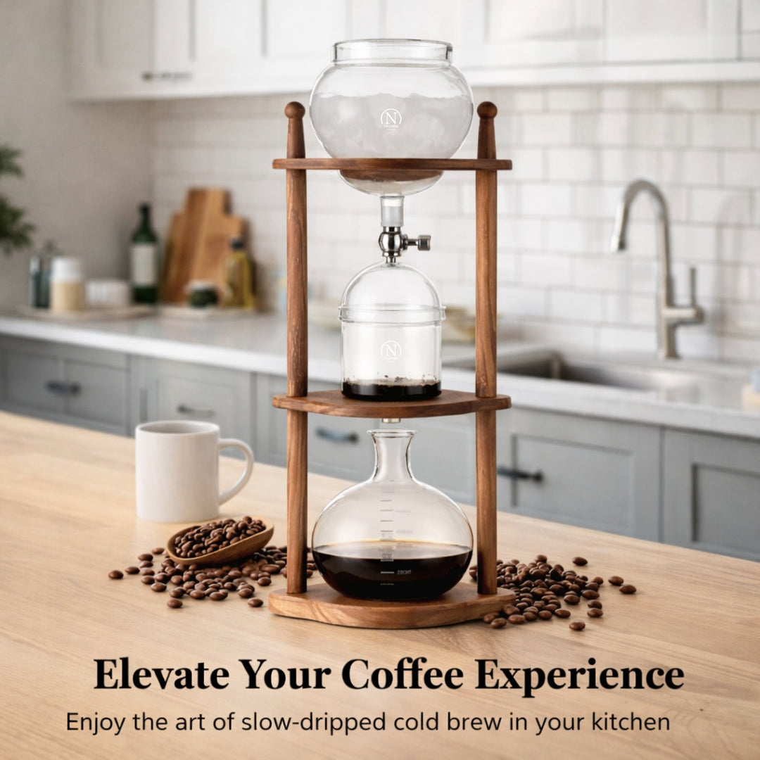 Nispira BD-8 Cold Brew Coffee Maker – Slow Drip Ice Coffee Tower with Borosilicate Glass and Wooden Stand (6–8 Cup)