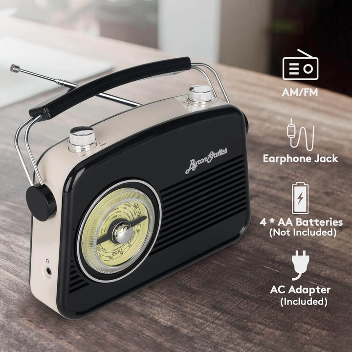 Vintage-style AM/FM radio with features listed on a wooden surface