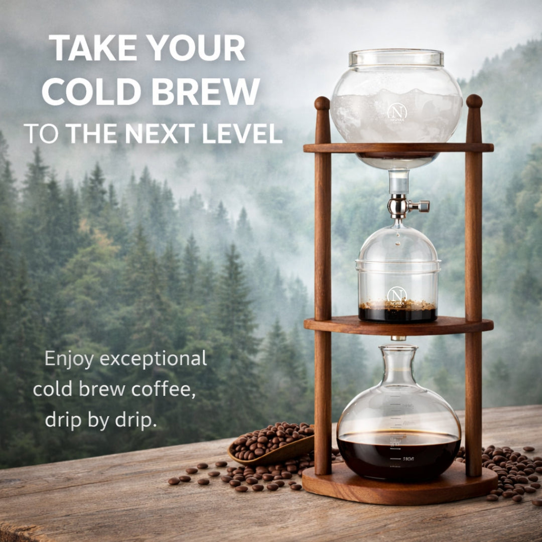Nispira BD-8 Cold Brew Coffee Maker – Slow Drip Ice Coffee Tower with Borosilicate Glass and Wooden Stand (6–8 Cup)