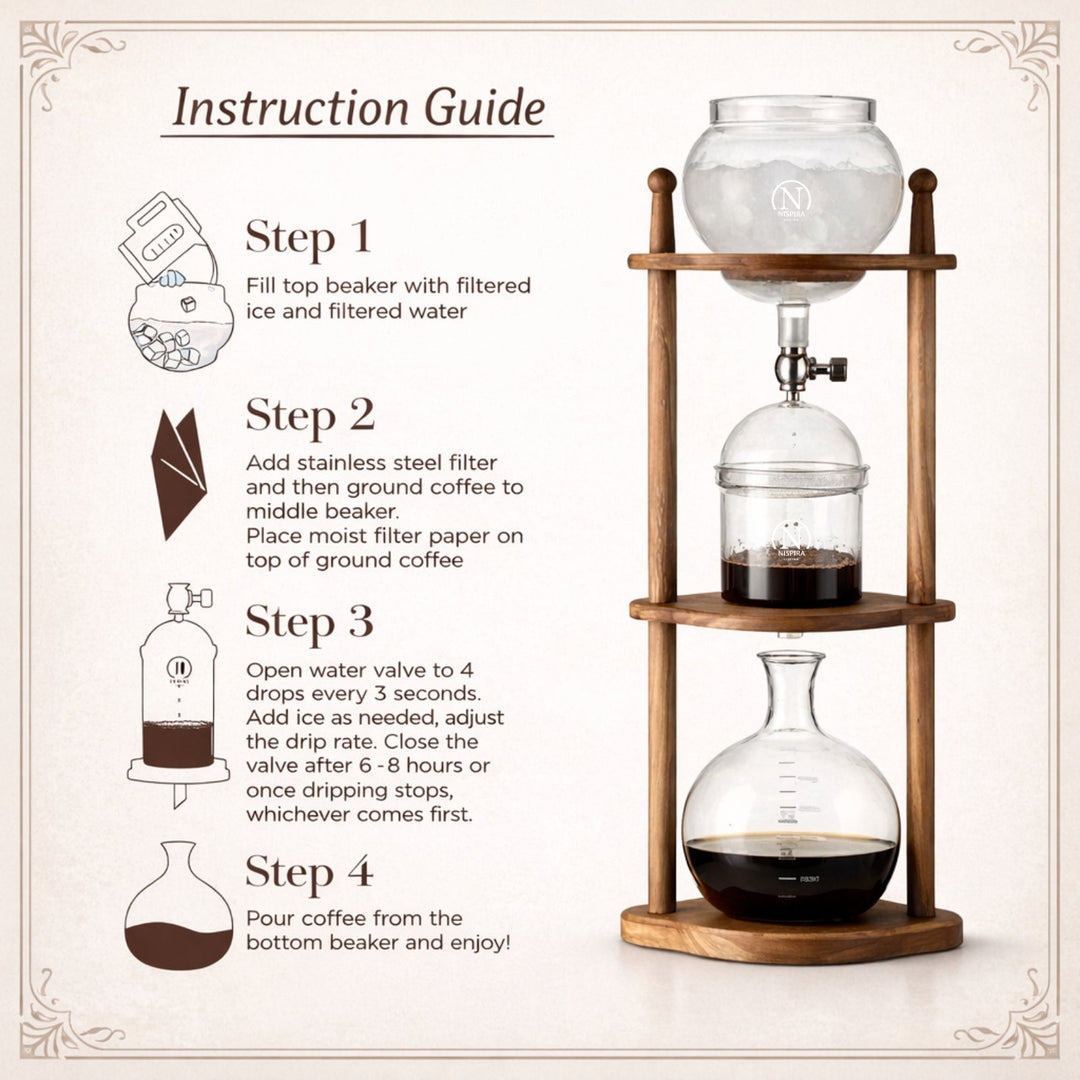 Nispira BD-8 Cold Brew Coffee Maker – Slow Drip Ice Coffee Tower with Borosilicate Glass and Wooden Stand (6–8 Cup)