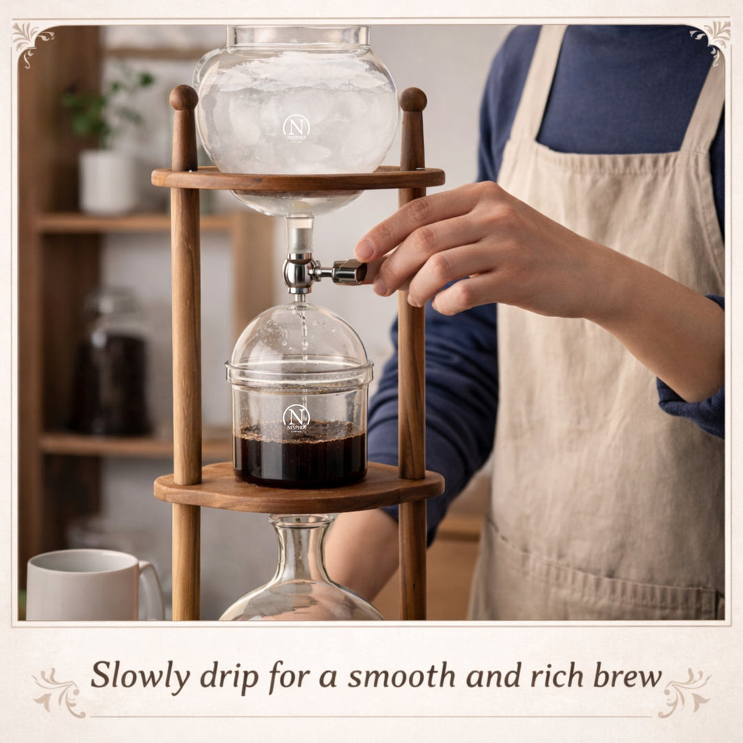 Nispira BD-8 Cold Brew Coffee Maker – Slow Drip Ice Coffee Tower with Borosilicate Glass and Wooden Stand (6–8 Cup)