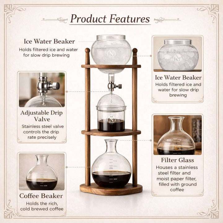 Nispira BD-8 Cold Brew Coffee Maker – Slow Drip Ice Coffee Tower with Borosilicate Glass and Wooden Stand (6–8 Cup)