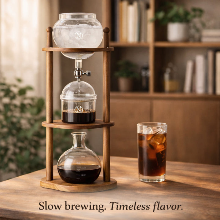 Nispira BD-8 Cold Brew Coffee Maker – Slow Drip Ice Coffee Tower with Borosilicate Glass and Wooden Stand (6–8 Cup)