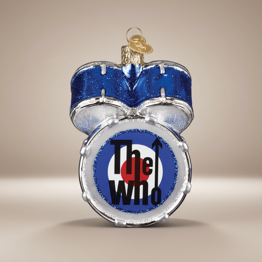 The Who Drum Kit Christmas Ornament in blue sparkle with logo, perfect for rock music fans' holiday decor.