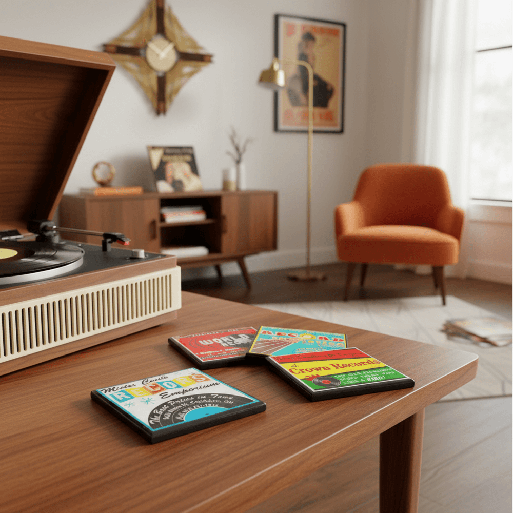 Coasters with vintage record labels on a wooden table in a cozy living room.
