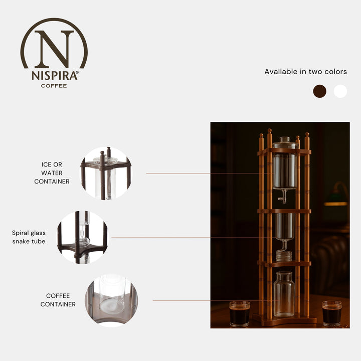Nispira Cold Brew Coffee Maker Drip Tower – Adjustable Iced Coffee System, 25-Cup Capacity, Glass Brewer with Wooden Stand