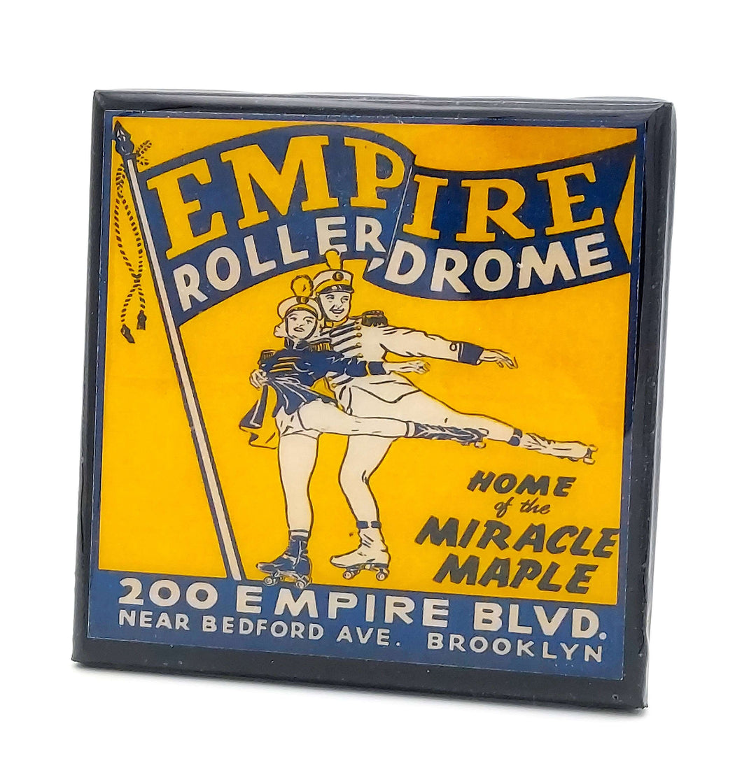 Vintage-style advertisement for Empire Roller Drome with roller skaters on a yellow background.