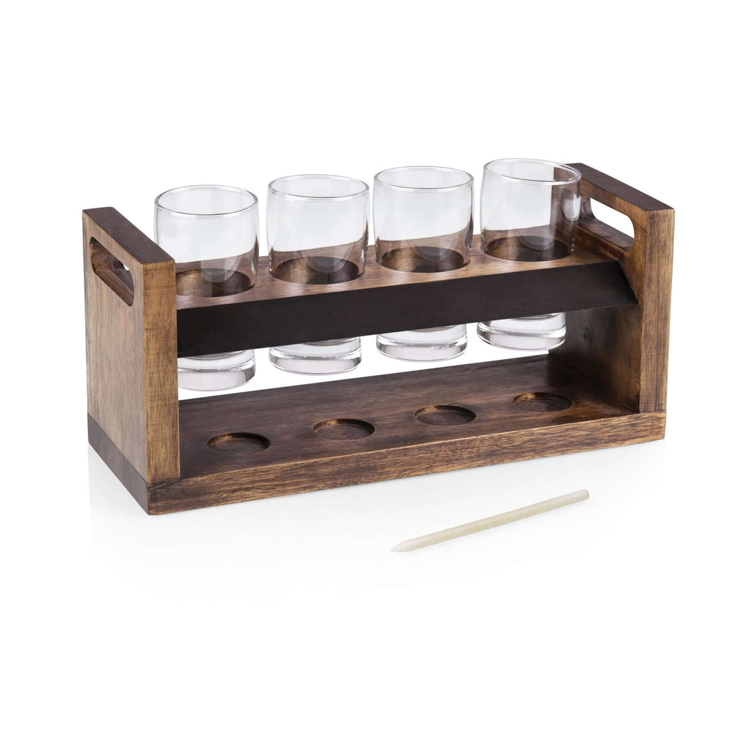 Rustic Craft Beer Flight Tasting Set with handcrafted acacia wood tray and glasses, perfect for beer connoisseurs.