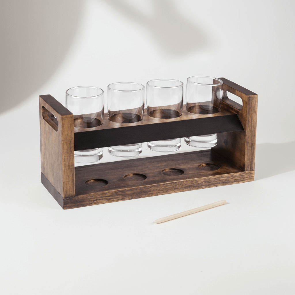 Rustic Craft Beer Flight Tasting Set with handcrafted acacia wood tray and glasses for beer connoisseurs.