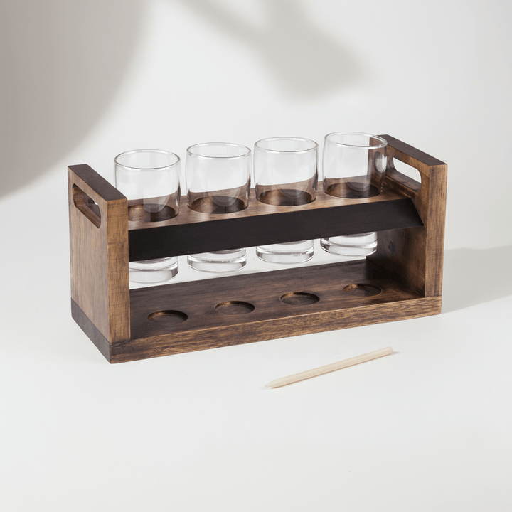 Rustic Craft Beer Flight Tasting Set with handcrafted acacia wood tray and glasses for beer connoisseurs.