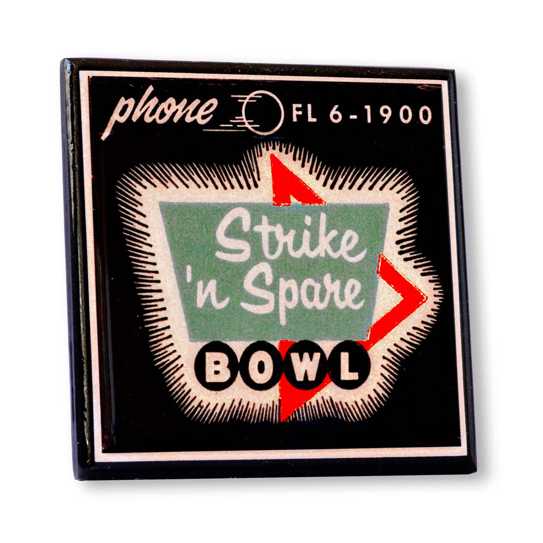 Vintage-style coaster for a 'Strike 'n Spare Bowl' with a black border and text.