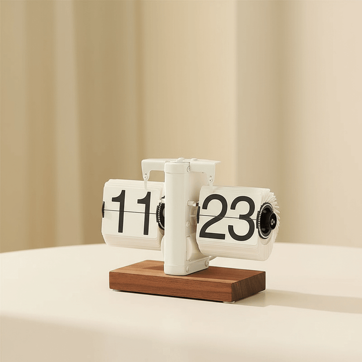 Decorative clock with flip numbers on a wooden base against a beige background