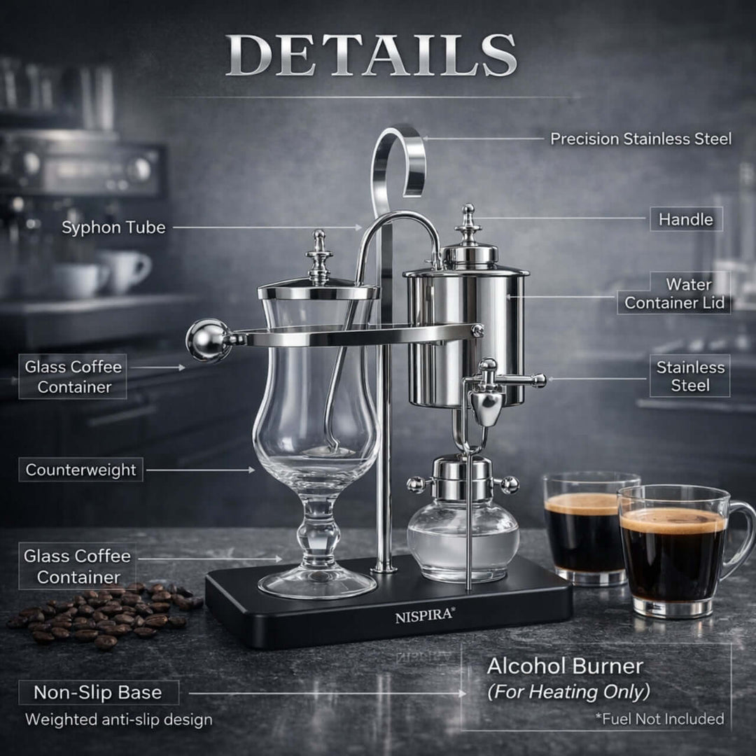 Nispira Vintage Belgian Syphon Coffee Maker – Silver Balance Siphon Brewer for Home Coffee Experience