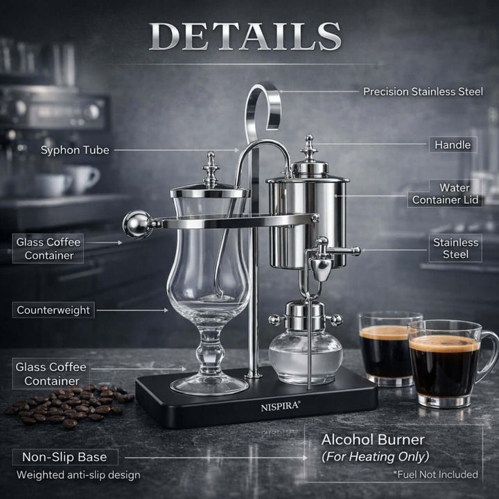 Nispira Vintage Belgian Syphon Coffee Maker – Silver Balance Siphon Brewer for Home Coffee Experience