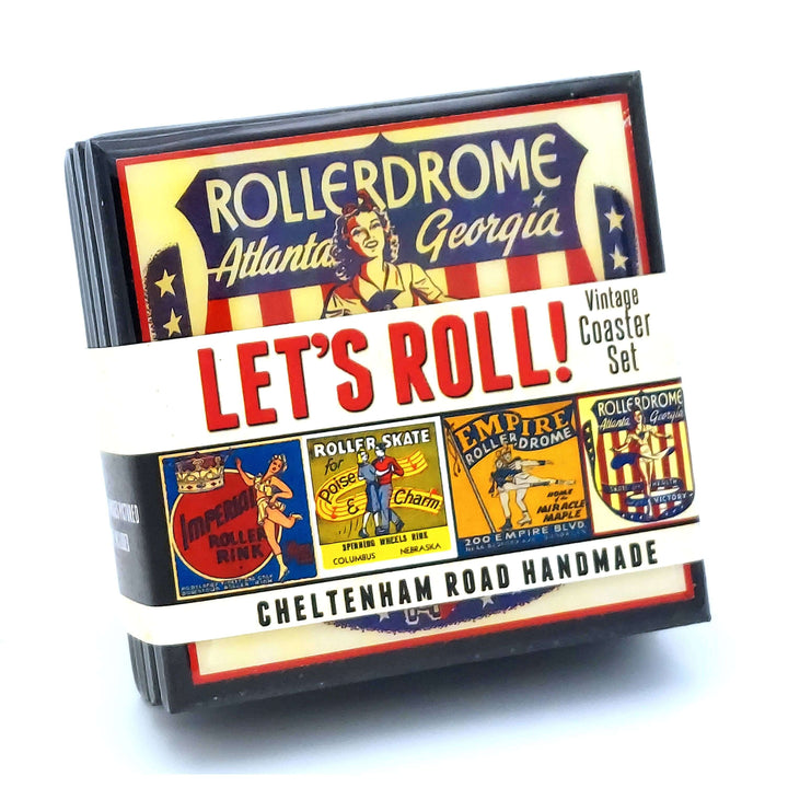 Packaged vintage-style coaster set with 'Rollerdrome Atlanta Georgia' branding on a white background.