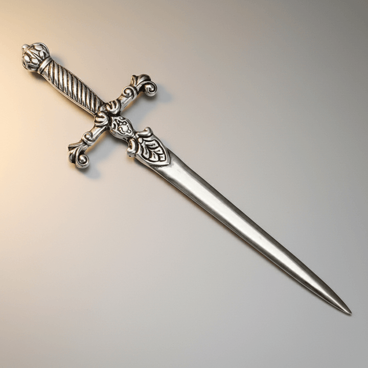 Decorative silver sword letter opener on a gradient background