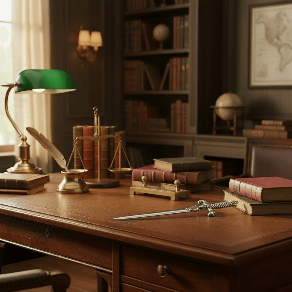 Wooden desk with books, a sword shaped letter opener, and a green lamp in an office setting.