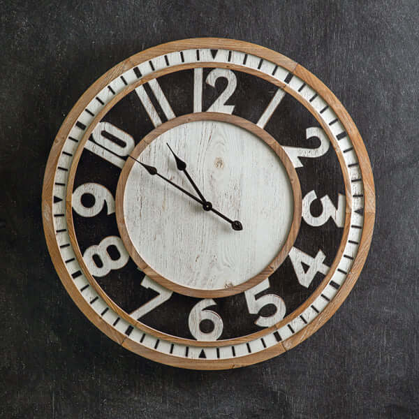 Farmhouse Wooden Wall Clock with Large Vintage Numbers, rustic charm with natural wood grain, perfect focal point for home decor
