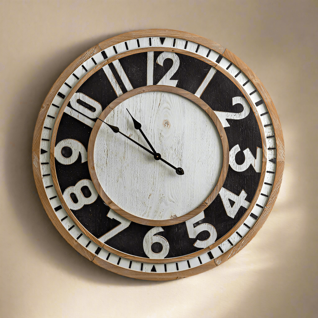 Farmhouse Wooden Wall Clock with Large Vintage Numbers, showcasing rustic charm and real wood grain patterns, perfect for home decor.