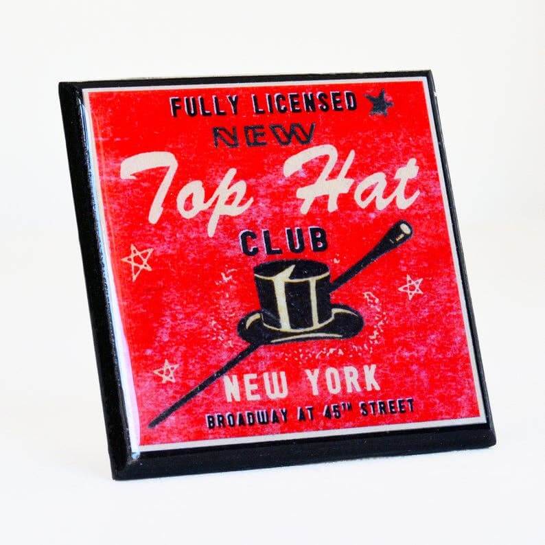 Vintage-style coaster for the Top Hat Club in New York with a red background and black border.