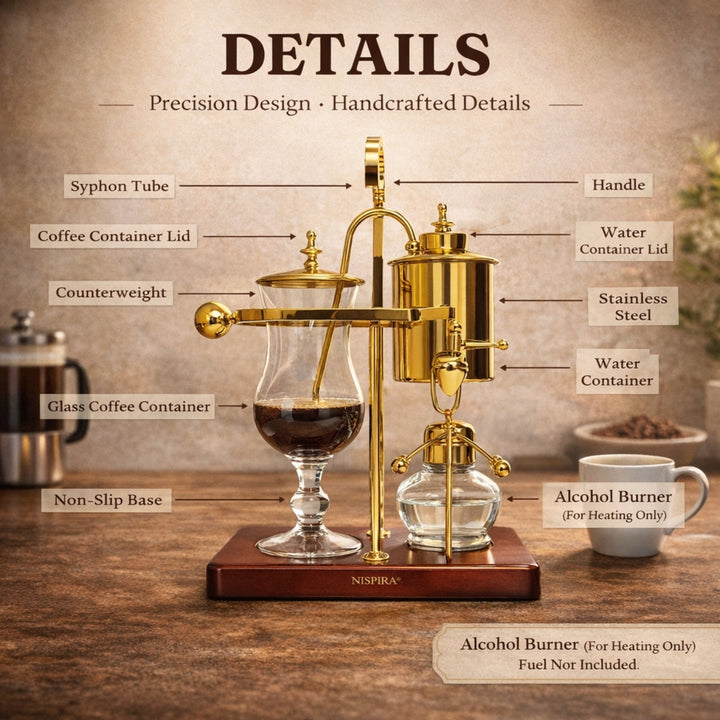 Nispira Vintage Belgian Syphon Coffee Maker – Gold Vacuum Brewer with Alcohol Burner