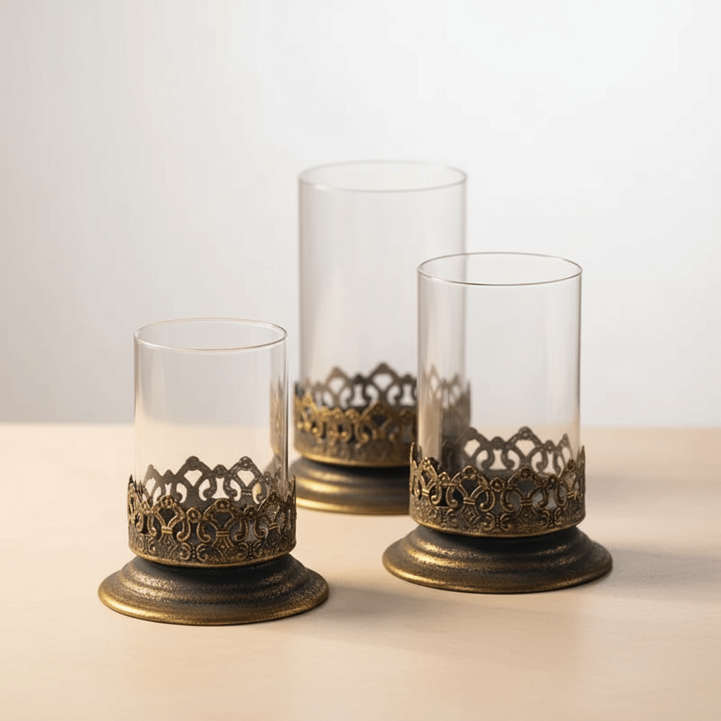 Three decorative glass candle holders with ornate brass bases on a light background