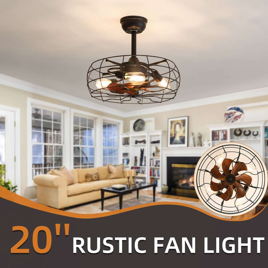 Rustic ceiling fan light fixture in a living room setting with decorative elements.