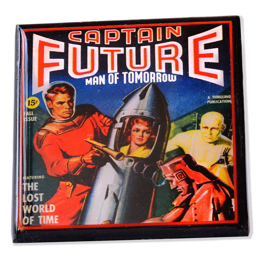 Vintage comic book cover titled 'Captain Future: Man of Tomorrow' with characters in futuristic attire.