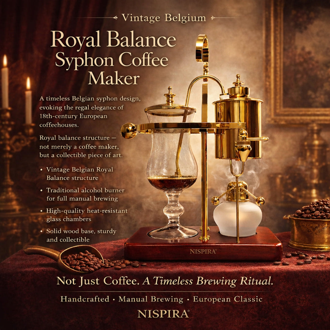 Nispira Vintage Belgian Syphon Coffee Maker – Gold Vacuum Brewer with Alcohol Burner